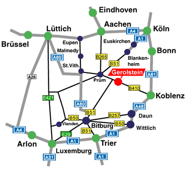Anfahrtskizze zu den Westeifel Werken Gerolstein mit Autobahnen