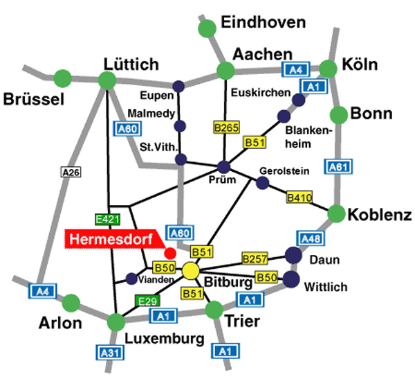 Anfahrtskizze zu den Westeifel Werken Hermesdorf mit Autobahnen