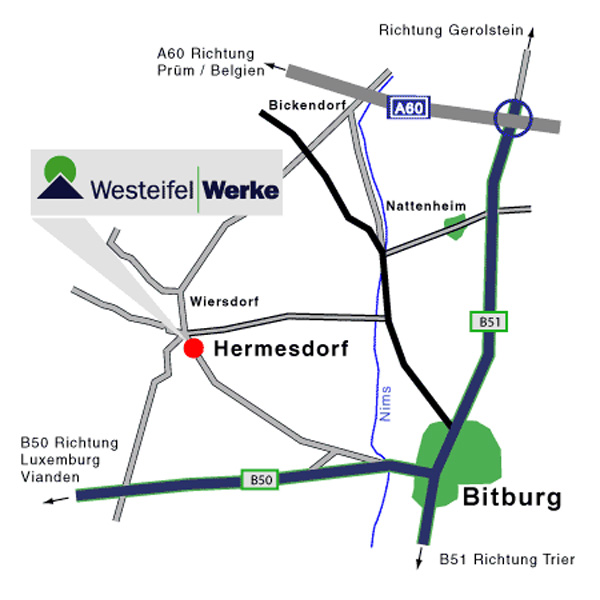 Anfahrtskizze zu den Westeifel Werken Hermesdorf in der Ortsansicht