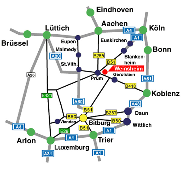 Anfahrtskizze zu den Westeifel Werken Weinsheim mit Autobahnen