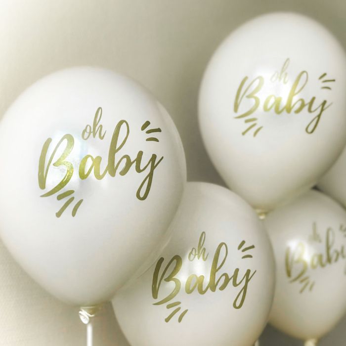 Weißer Folienballon 'Ohh-Baby' Mit Goldener Schrift – Babyparty Deko, Ca. 37,5x53 Cm Aufgeblasen, Mit Halm