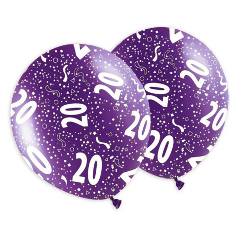 Bunte Geburtstagsballons mit dem Aufdruck "20" und Konfetti, rundum bedruckt.