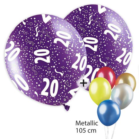 Bedruckte, bunte Luftballons mit "20" und Konfetti drauf in weiß plus bunte, unbedruckte Traube aus Metallic-Ballons.