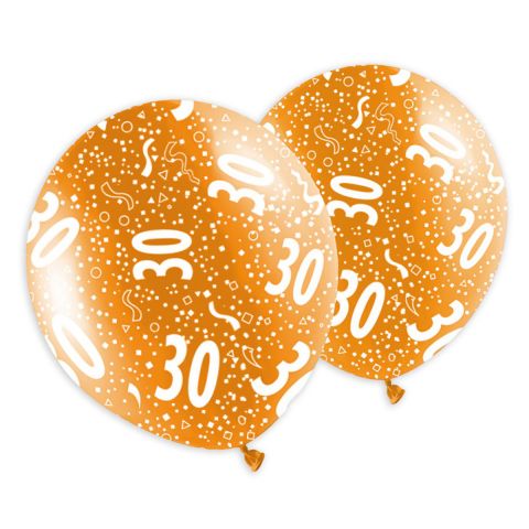 Rundum bedruckte Geburtstagsballons in metallic Optik, mit Aufdruck 30 und Konfetti.