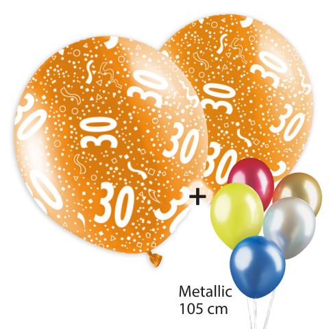 Bunte Ballons, bedruckt mit "30" und Konfetti plus bunt gemischter, unbedruckter Ballontraube in Metallikoptik.
