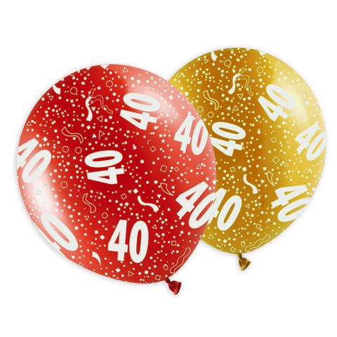 Bunte Metallicballons für den Geburtstag mit Aufdruck "40" und Konfetti, rundum.