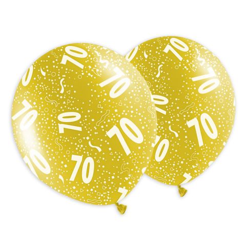 Jubiläumsballons in Metallikoptik mit Aufdruck "70" und Konfetti in weiß. Bunt gemischte Ballons.