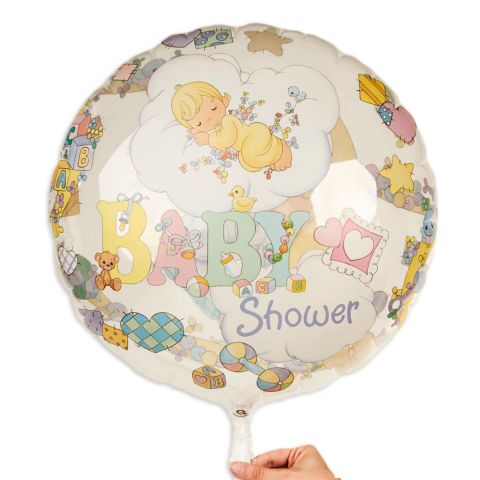 Folienballon rund, flach mit Aufdruck in pastell Baby in Wolken und Schrift Baby-Shower.