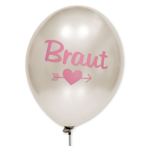 Weiß metallic Ballons mit rosa Aufdruck "Braut" mit Motiv darunter Herz und Pfeil durch.