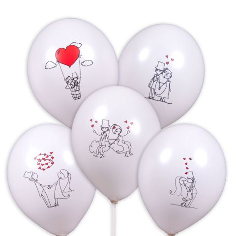 5 weiße Ballons mit 5 unterschiedlichen Brautpaar-Motiven in schwarz und rot gedruckt.