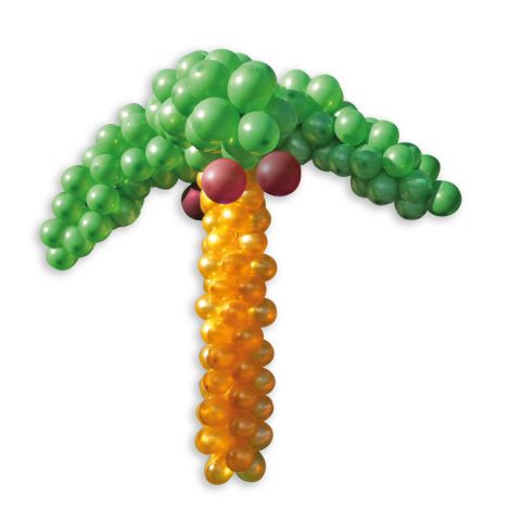 Palme aus Luftballons, ca. 1,40m hoch. Grüne Blätter, goldener Stamm und braune Kokosnüsse.