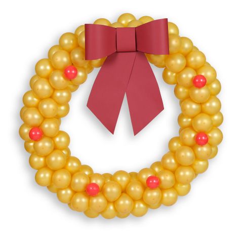 Kranz aus Luftballons, ca. 150cm groß, goldene Luftballons und rote Schleife aus Pappe oben