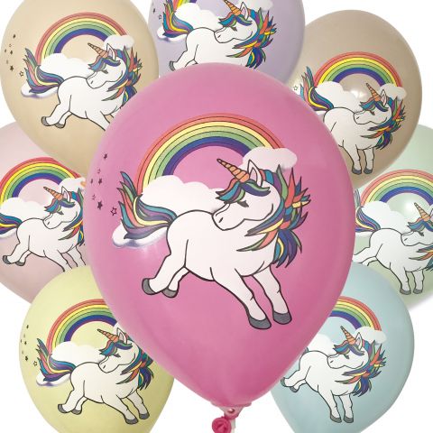 Pastellfarbene Dekoballons mit buntem Einhorn-Aufdruck und Regenbogen