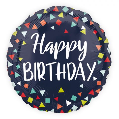 Dunkelblauer Folienballon mit bunten Dreiecken und Vierecken und weißerAufschrift "Happy Birthday"