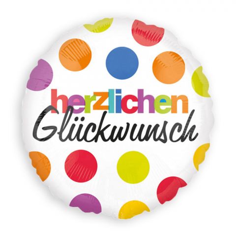 Runder Folienballon in weiß mit bunten Punkten und der Aufschrift "Herzlichen Glückwunsch"