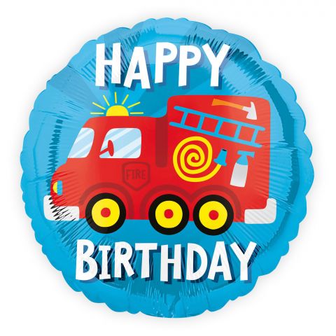 Runder, blauer Folienballon mit rotem Feuerwehrauto und Schriftzug "happy Birthday"