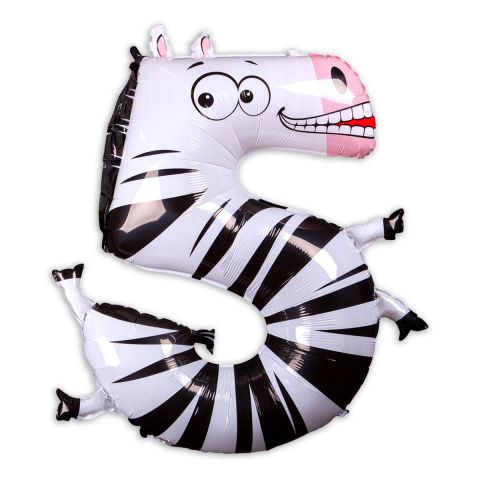 Folieballon, Zahl 5 als Zebra, schwarz-weiß, Größe102cm