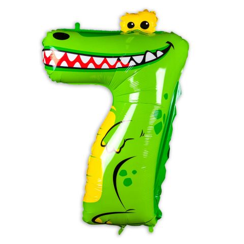 Große "7" als Folienballon in grün/weiß/gelb, Tiermotiv: Krokodil.