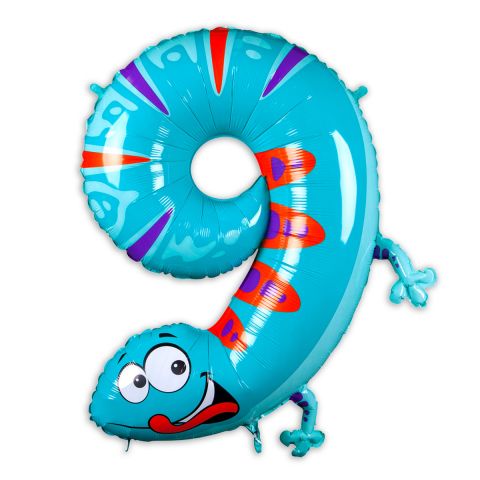 Große "9" als Folienballon in hellblau/rot/lila, Tiermotiv: Gecko.