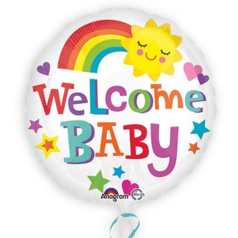 weißer Folienballon mit buntem Regenbogen, Sonne und buntem Aufdruck "Welcome Baby". 