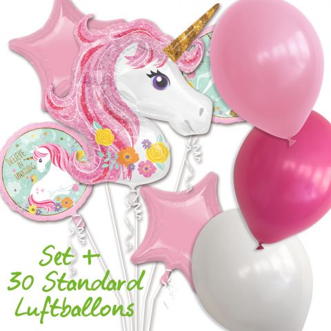 Folienluftballonset "Einhorn" und "Stern", "Believe in Unicorns" in rosa und weiß mit 30 Standard Luftballons in weiß, rosa und pink