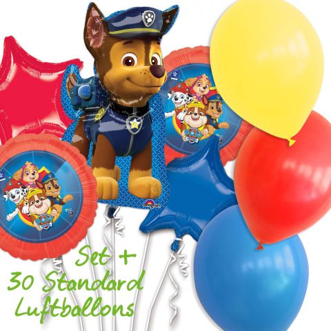 Paw Patrol Set Folienballons, Hund Chase in groß, 2 Team-Folienballons, 1 roter und 1 blauer Stern, 30 Standard Ballons in rot, gelb, blau