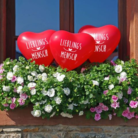 Dekobeispiel rote Herzen mit Aufdruck "Lieblingsmensch" im Blumenkasten.