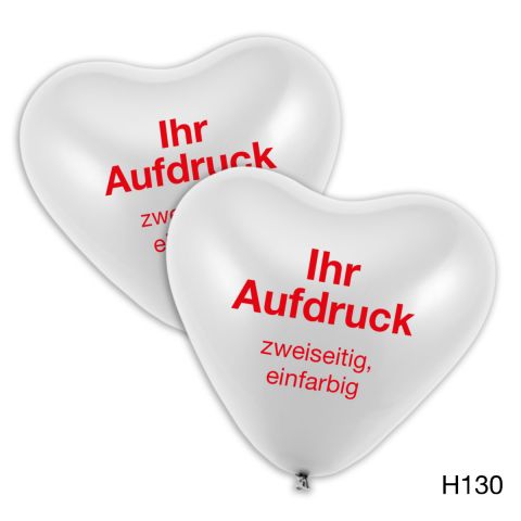 weiße Herzballons mit zweiseitigem, einfarbigem Druck in rot mit individuellem Logo möglich.