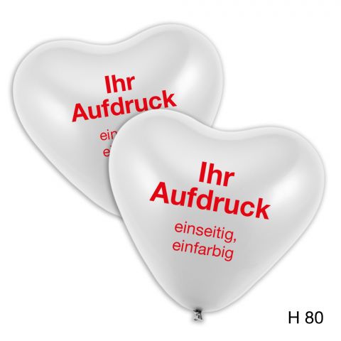 2 weiße Herzballons mit rotem Aufdruck "Ihr Aufdruck, einseitig, einfarbig"