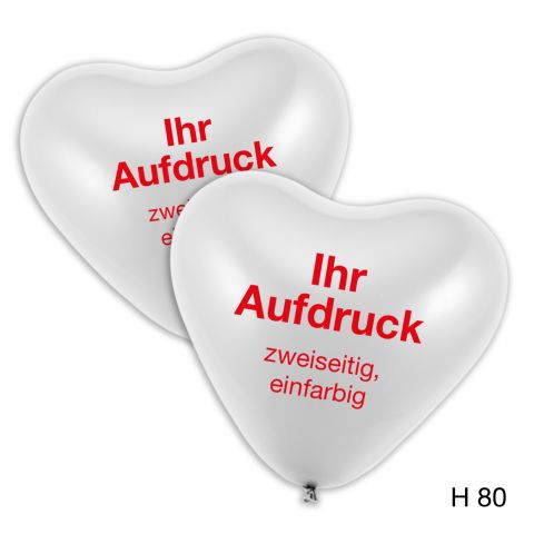 weiße herzballons mit dem Hinweis, dass sie zweiseitig, einfarbig zu bedrucken sind