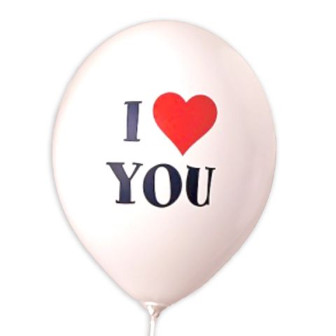 Weißer Luftballon mit Aufdruck "I love you" in rot und schwarz.
love = rotes Herz
