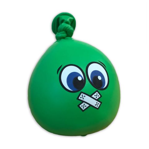 Grüner Anti-Stress-Ball mit Gesicht "Pflaster über Mund" und großen Augen.