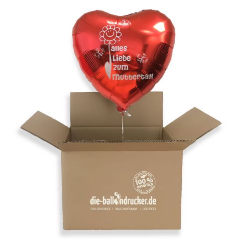 Roter Folienballon mit Aufdruck "Alles Liebe zum Muttertag" der aus Karton schwebt, Luftballonpost, mit Helim gefüllt