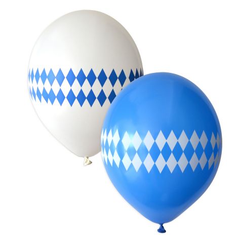 weißer Luftballons mit gedruckter Rautenbanderole rundum in blau und blauer Luftballon mit weißer gedruckter Rautenbanderole rundum.