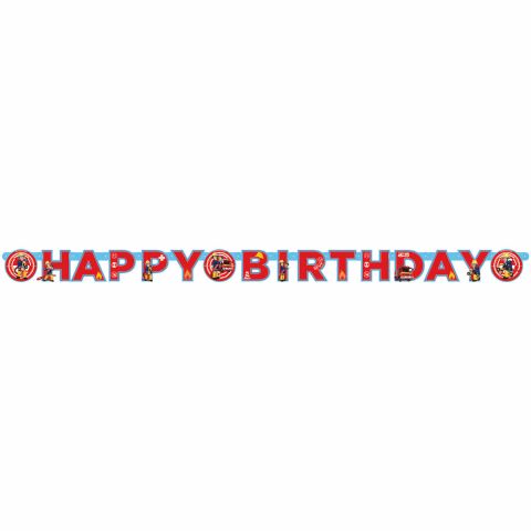 Papiergirlande Schriftzug "Happy Birthday", Motiv Feuerwehrmann Sam, komplett sichtbar