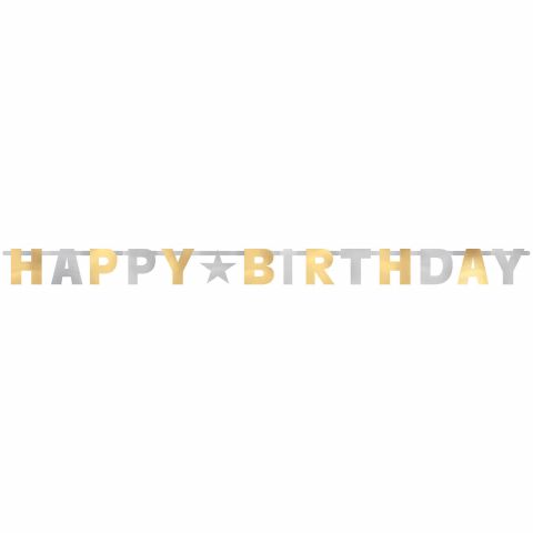 komplett sichtbarer Schriftzug "Happy-Birthday" mit Buchstaben in gold und silber
