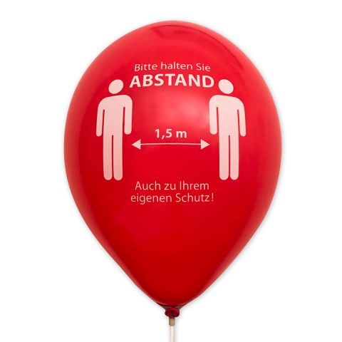 roter Luftballon mit Corona-Hinweis "Bitte Abstand halten in weiß