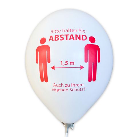 weißer Ballon mit Corona Hinweis: Bitte Abstand halten.