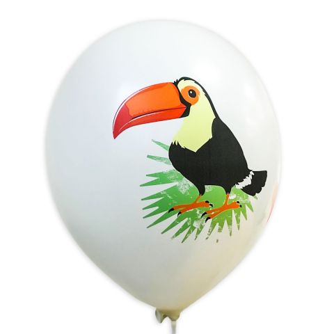 Weißer Luftballon mit Motiv "bunter Tukan auf grünem Blatt".
