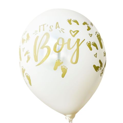 weiße Ballons mit Aufdruck in gold "It's a boy"  mit Füsschen, rundum bedruckt.