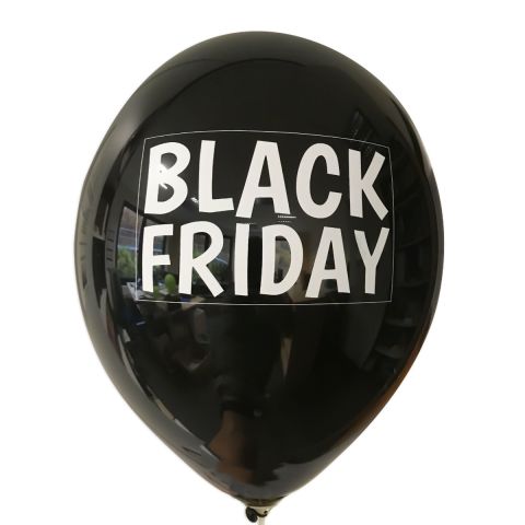 Schwarzer Ballon mit weißem Aufdruck "BLACK FRIDAY" in weißem Rahmen.