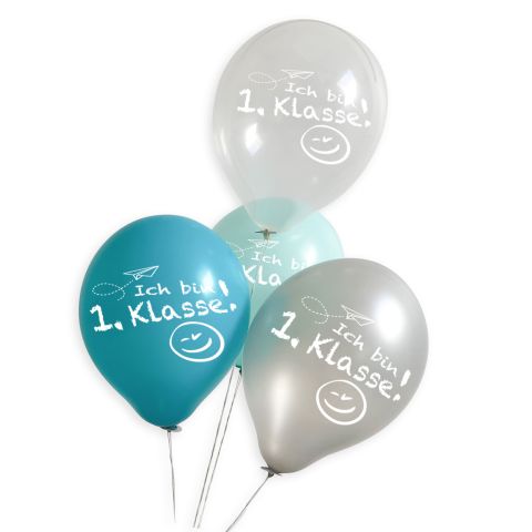 Luftballons in türkis, mintgrün, silber und transparent mit weißem Aufdruck "Ich bin 1. Klasse!"