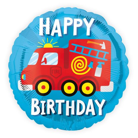 Runder, blauer Folienballon mit rotem Feuerwehrauto und Schriftzug "happy Birthday"
