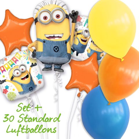 Folienballon-Set Thema Minions, 3 Minton-Folienballons und 2 orange Folienballons in Sternform. Plus 30 Standard Ballons in gelb, orange und blau.