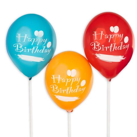 Bunte Ballons mit weißem Aufdruck "Happy Birthday" und Feld zum Beschriften.