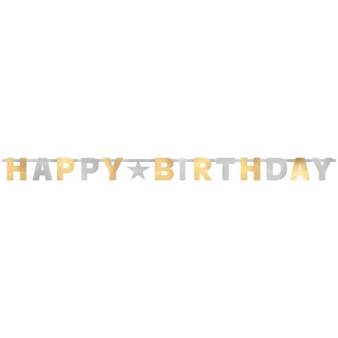 komplett sichtbarer Schriftzug "Happy-Birthday" mit Buchstaben in gold und silber