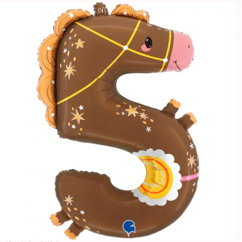Pferd Folienballon Zahl 5, braun mit gelben Sattel und Zügeln sowie gelben Sternen